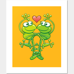 Sweet couple of green frogs intertwining their arms and legs while madly falling in love Posters and Art